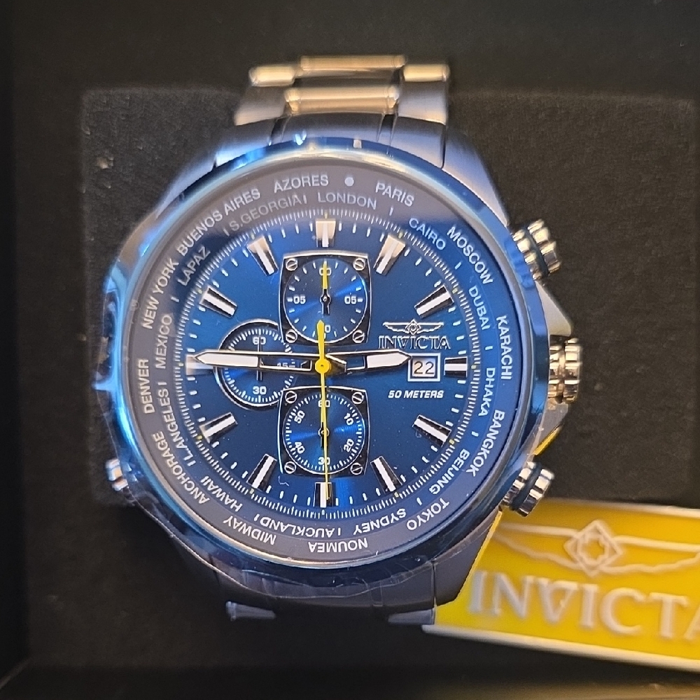 Invicta Aviatir men's wwstchm 50mm Blue and Silver World Time Watch